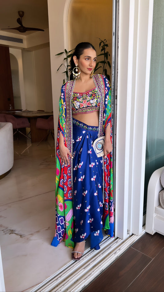 Our Mirror Embelished Indica Dhoti Skirt Paired With Hand Embriodered Bralette & Veronica Cape With Embelished Border