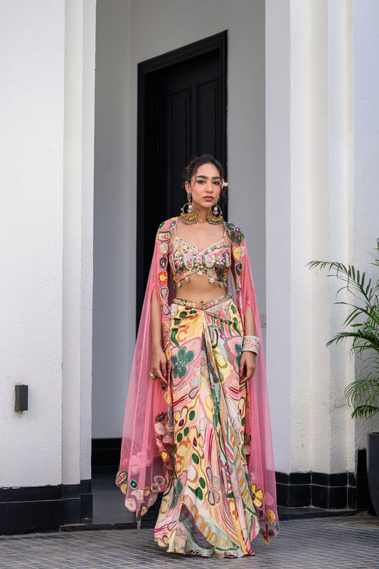 FLORA HIGHLIGHT BRALETTE PAIRED WITH DHOTI AKIRT AND APL CAPE SET