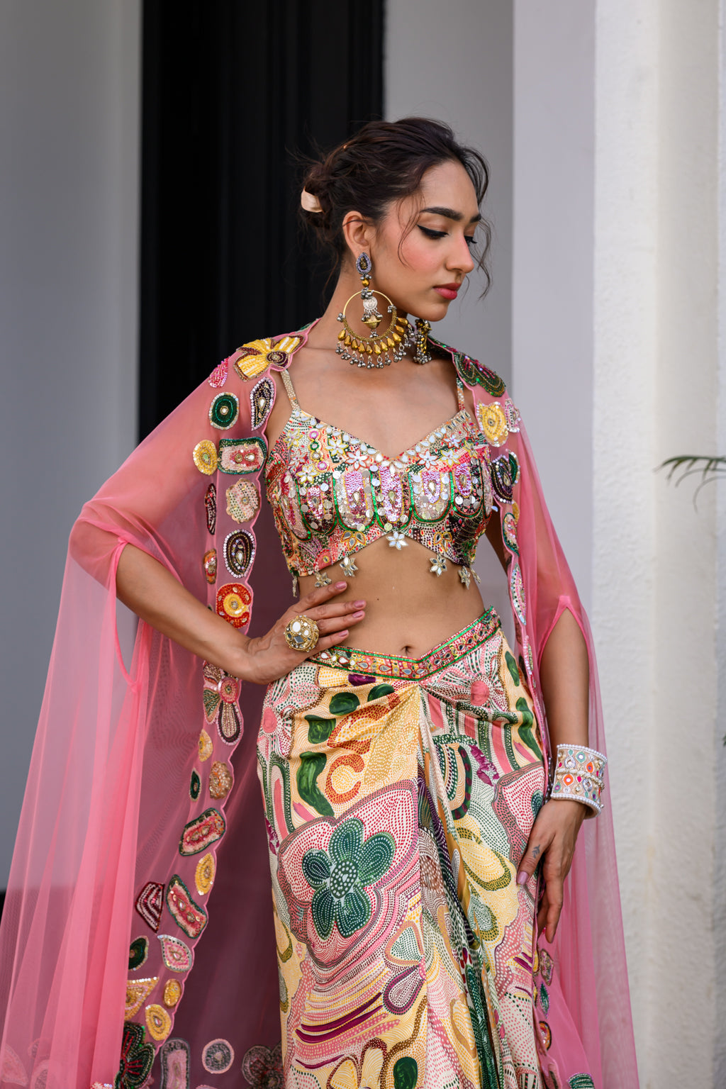 FLORA HIGHLIGHT BRALETTE PAIRED WITH DHOTI AKIRT AND APL CAPE SET