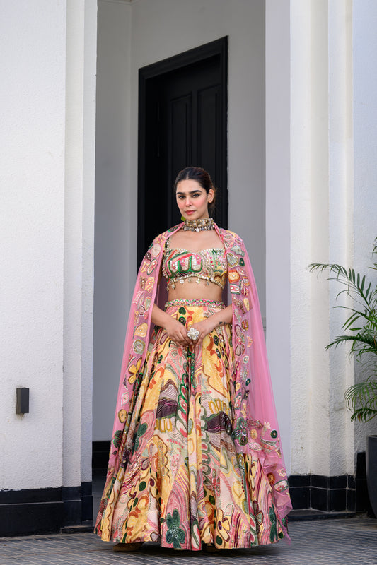 FLORA HIGHLIGHT LEHENGA PAIRED HIGHLIGHT BLOUSE AND APPLIQUE DUPATTA