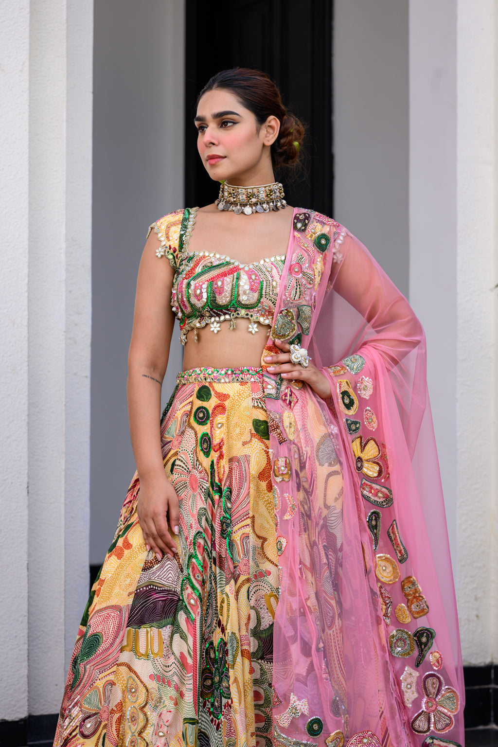 FLORA HIGHLIGHT LEHENGA PAIRED HIGHLIGHT BLOUSE AND APPLIQUE DUPATTA