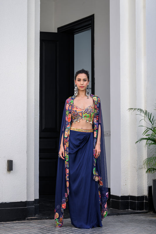 IRIS H BRALETTE PAIRED DHOTI SKIRT SET AND H APL CAPE