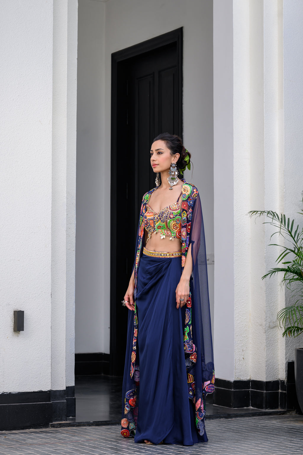 IRIS H BRALETTE PAIRED DHOTI SKIRT SET AND H APL CAPE