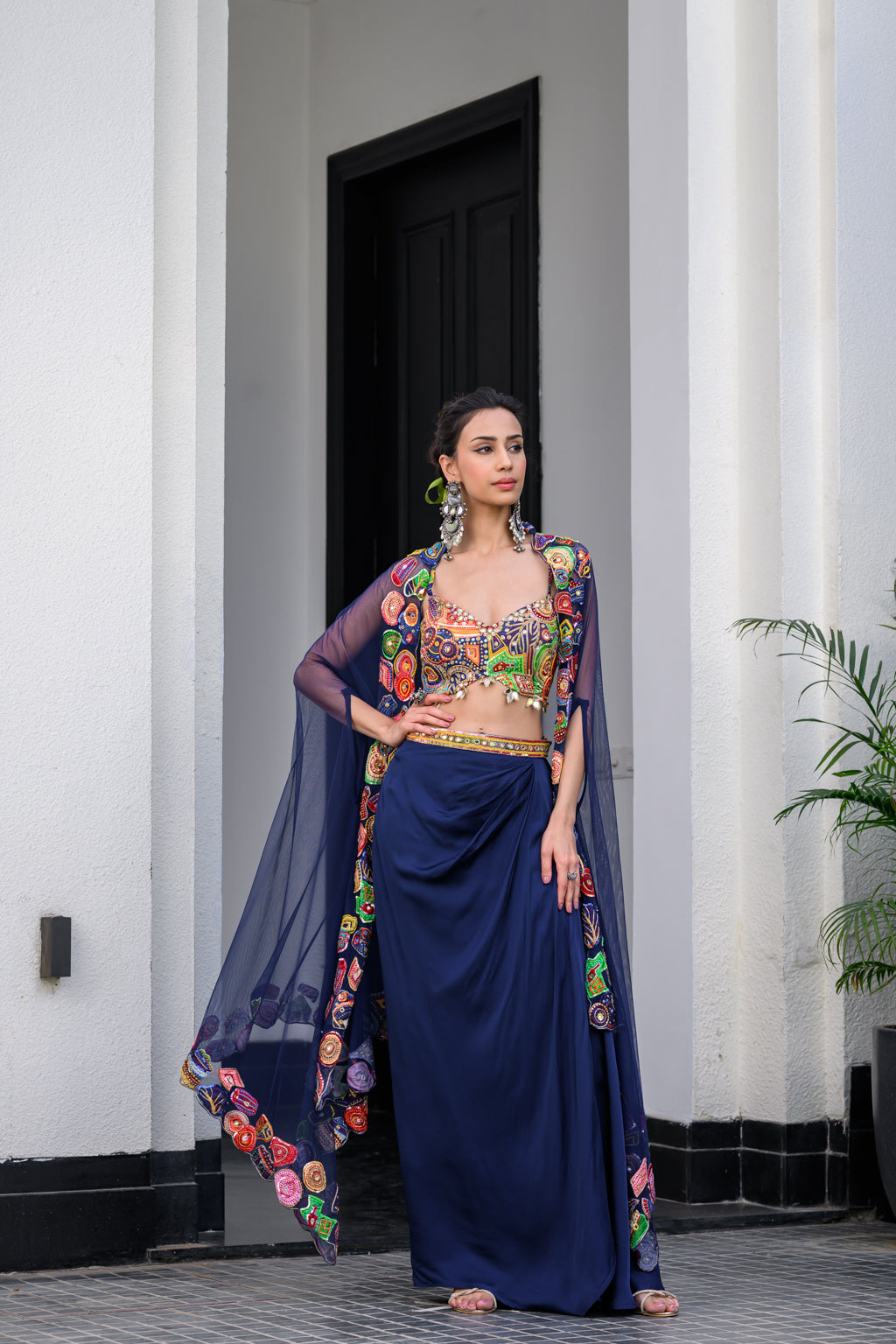IRIS H BRALETTE PAIRED DHOTI SKIRT SET AND H APL CAPE