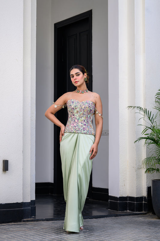 EDEN TEXTURED CORSET WITH MIRROR WORK PAIRED WITH DHOTI SKIRT