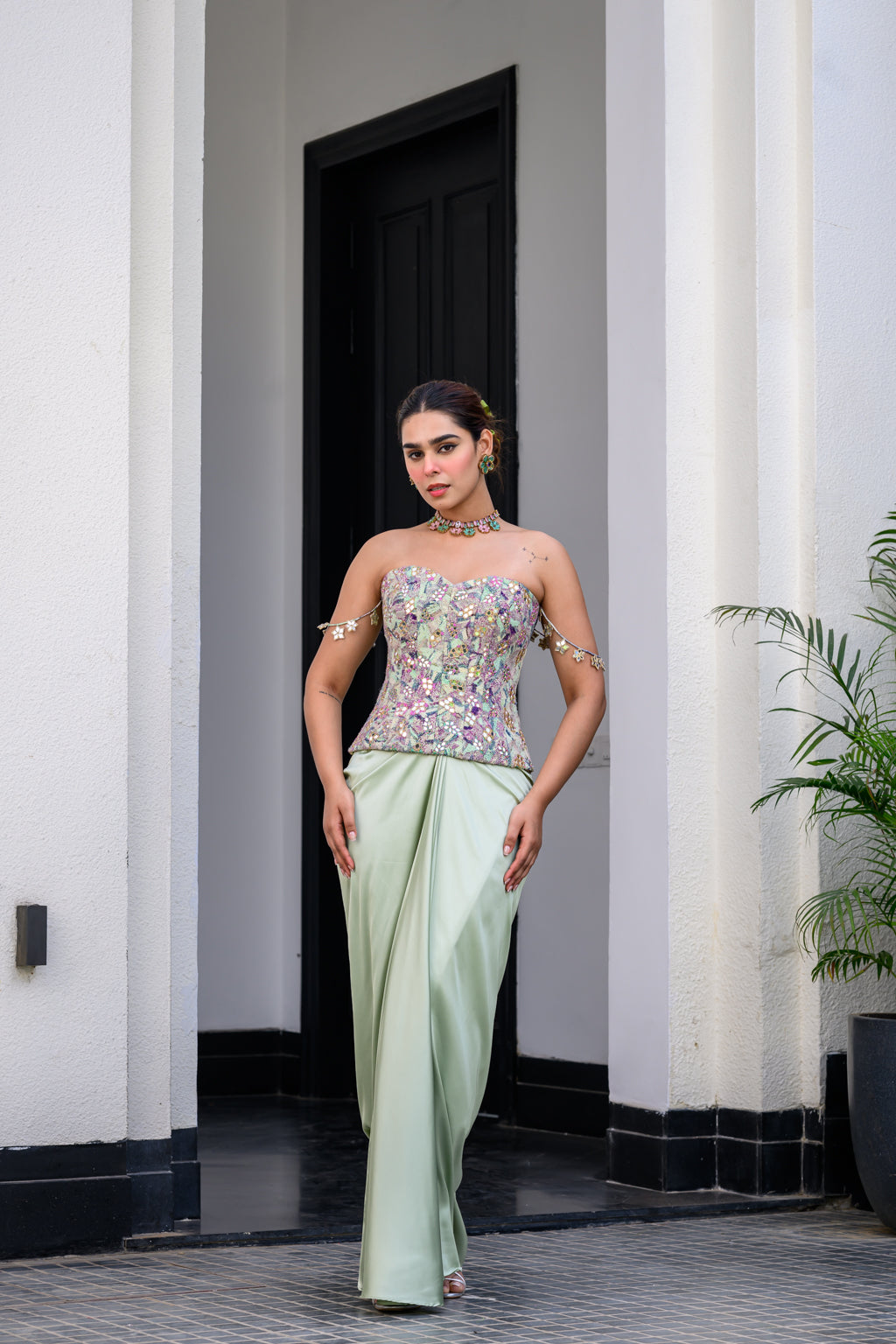 EDEN TEXTURED CORSET WITH MIRROR WORK PAIRED WITH DHOTI SKIRT