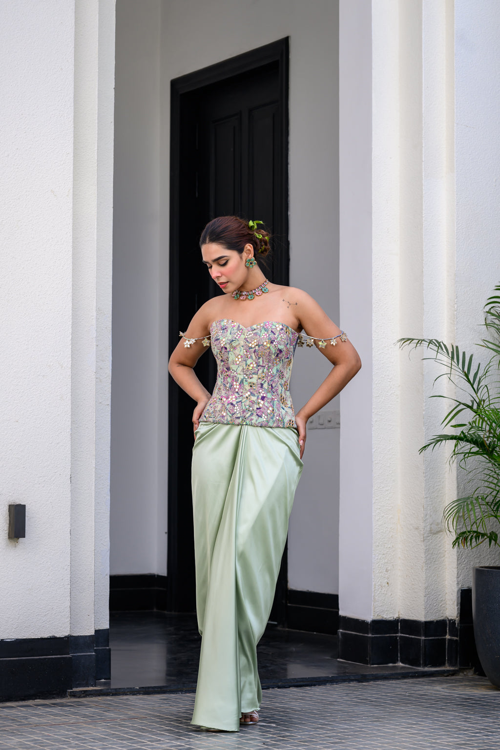 EDEN TEXTURED CORSET WITH MIRROR WORK PAIRED WITH DHOTI SKIRT