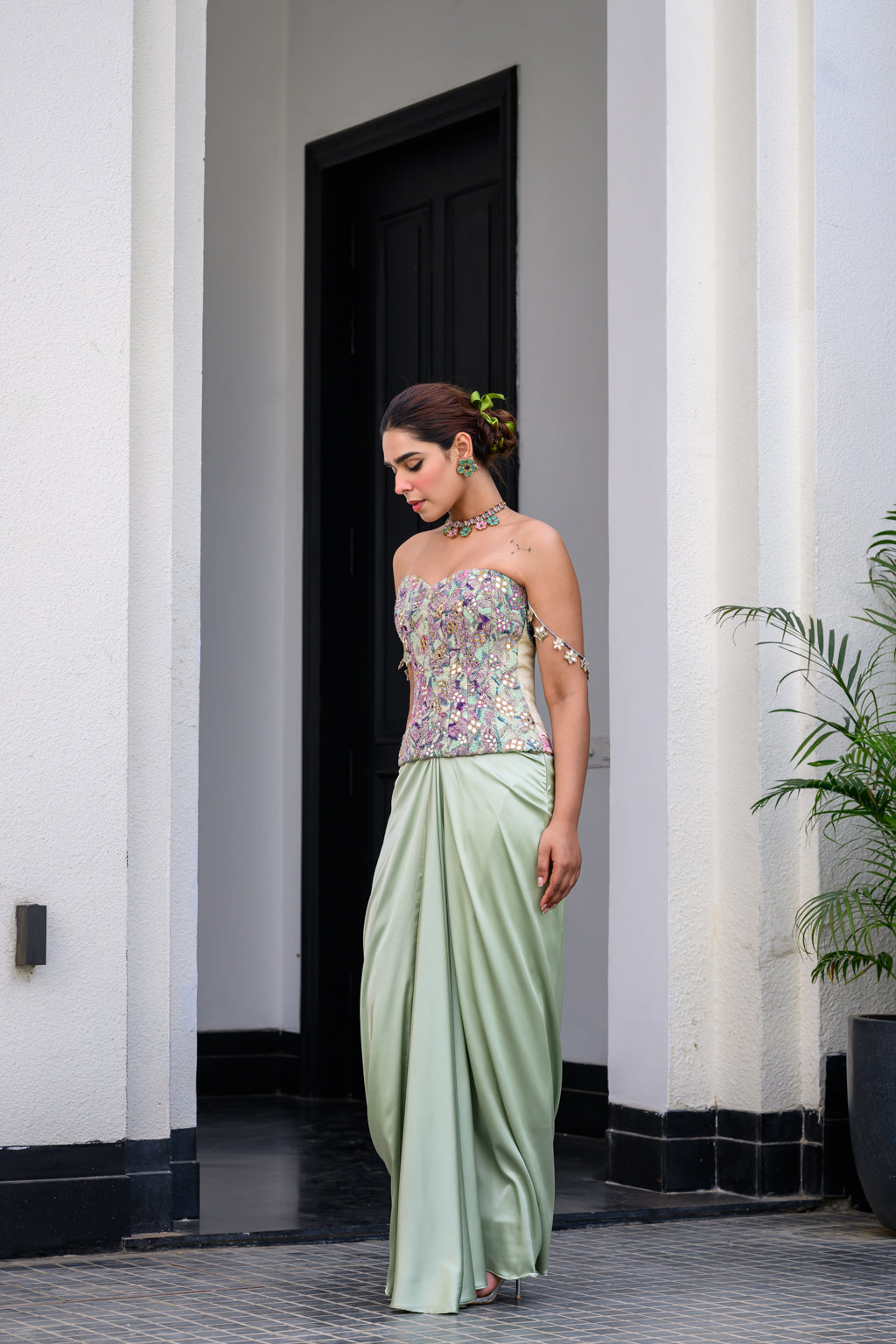 EDEN TEXTURED CORSET WITH MIRROR WORK PAIRED WITH DHOTI SKIRT