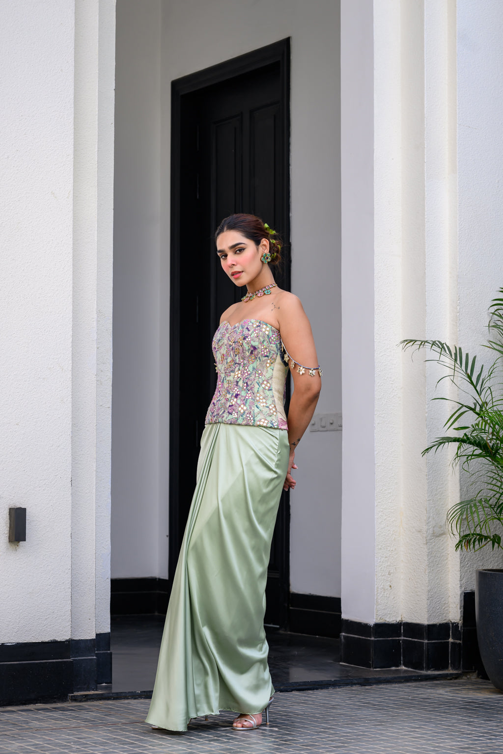 EDEN TEXTURED CORSET WITH MIRROR WORK PAIRED WITH DHOTI SKIRT