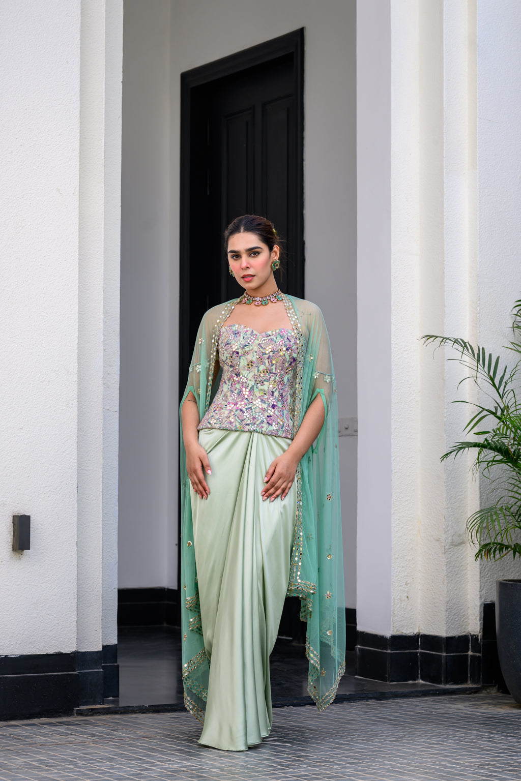 EDEN TEXTURED CORSET WITH MIRROR WORK PAIRED WITH DHOTI SKIRT AND CAPE SET