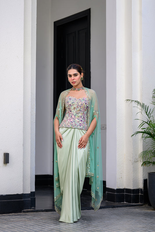 EDEN TEXTURED CORSET WITH MIRROR WORK PAIRED WITH DHOTI SKIRT AND CAPE SET
