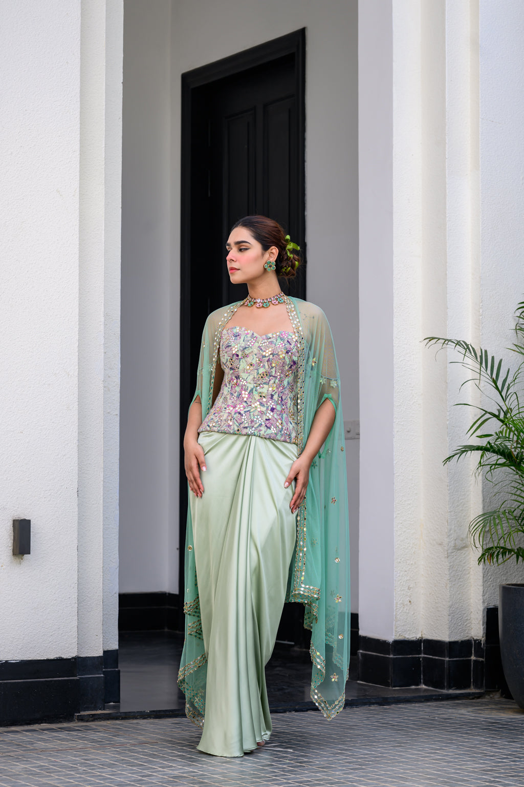 EDEN TEXTURED CORSET WITH MIRROR WORK PAIRED WITH DHOTI SKIRT AND CAPE SET