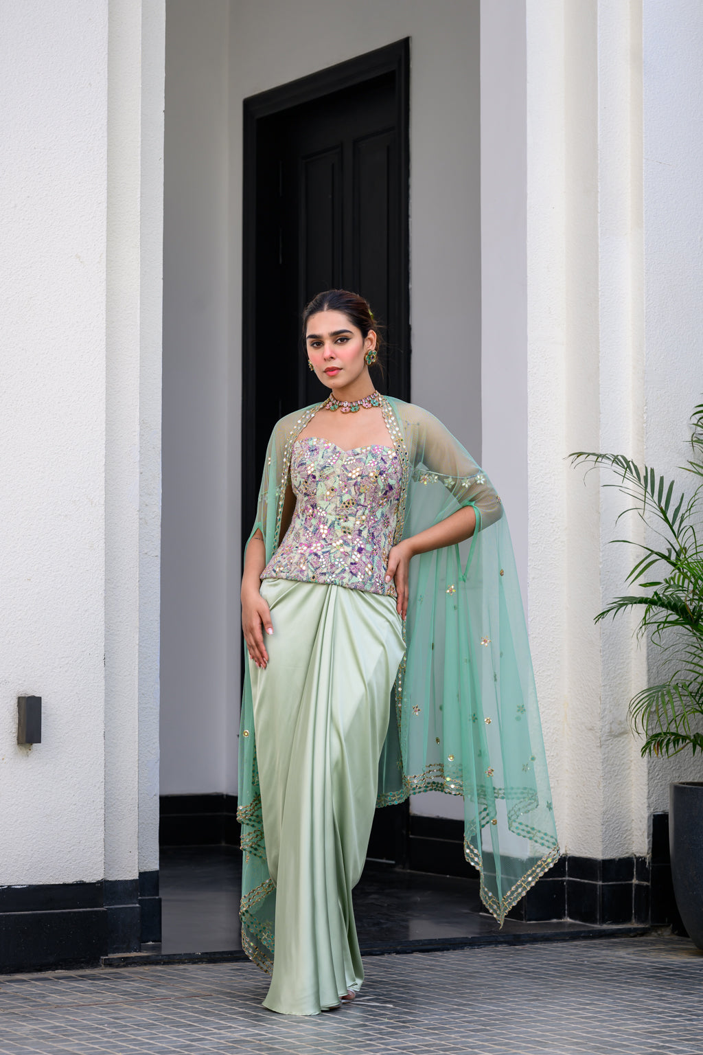 EDEN TEXTURED CORSET WITH MIRROR WORK PAIRED WITH DHOTI SKIRT AND CAPE SET