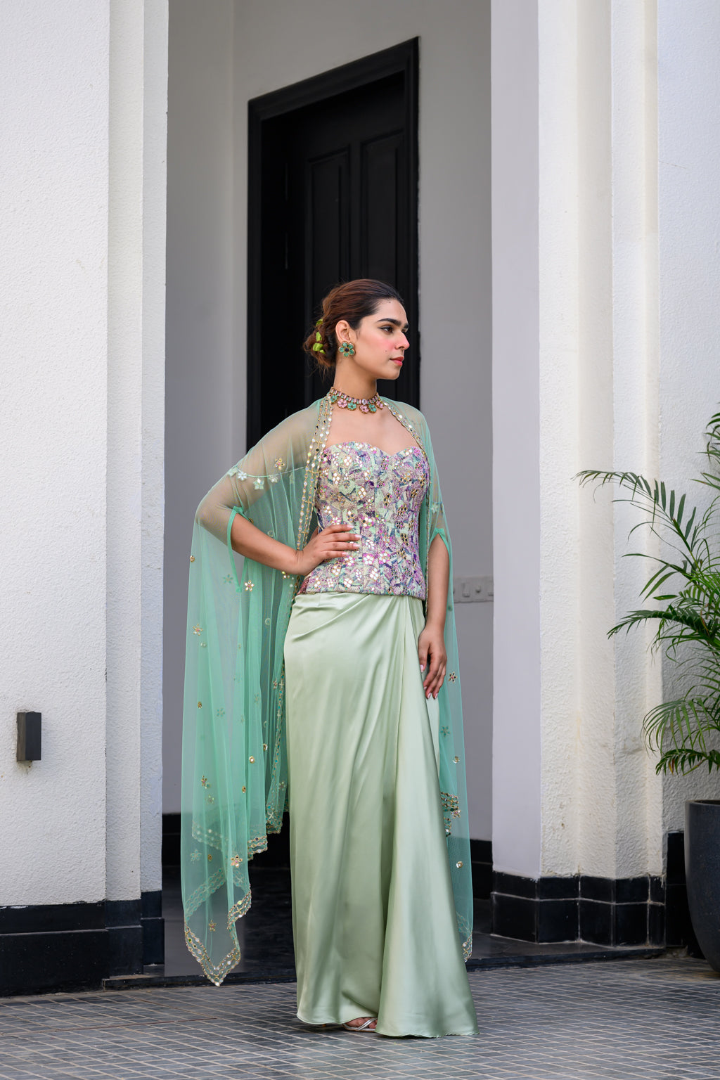 EDEN TEXTURED CORSET WITH MIRROR WORK PAIRED WITH DHOTI SKIRT AND CAPE SET