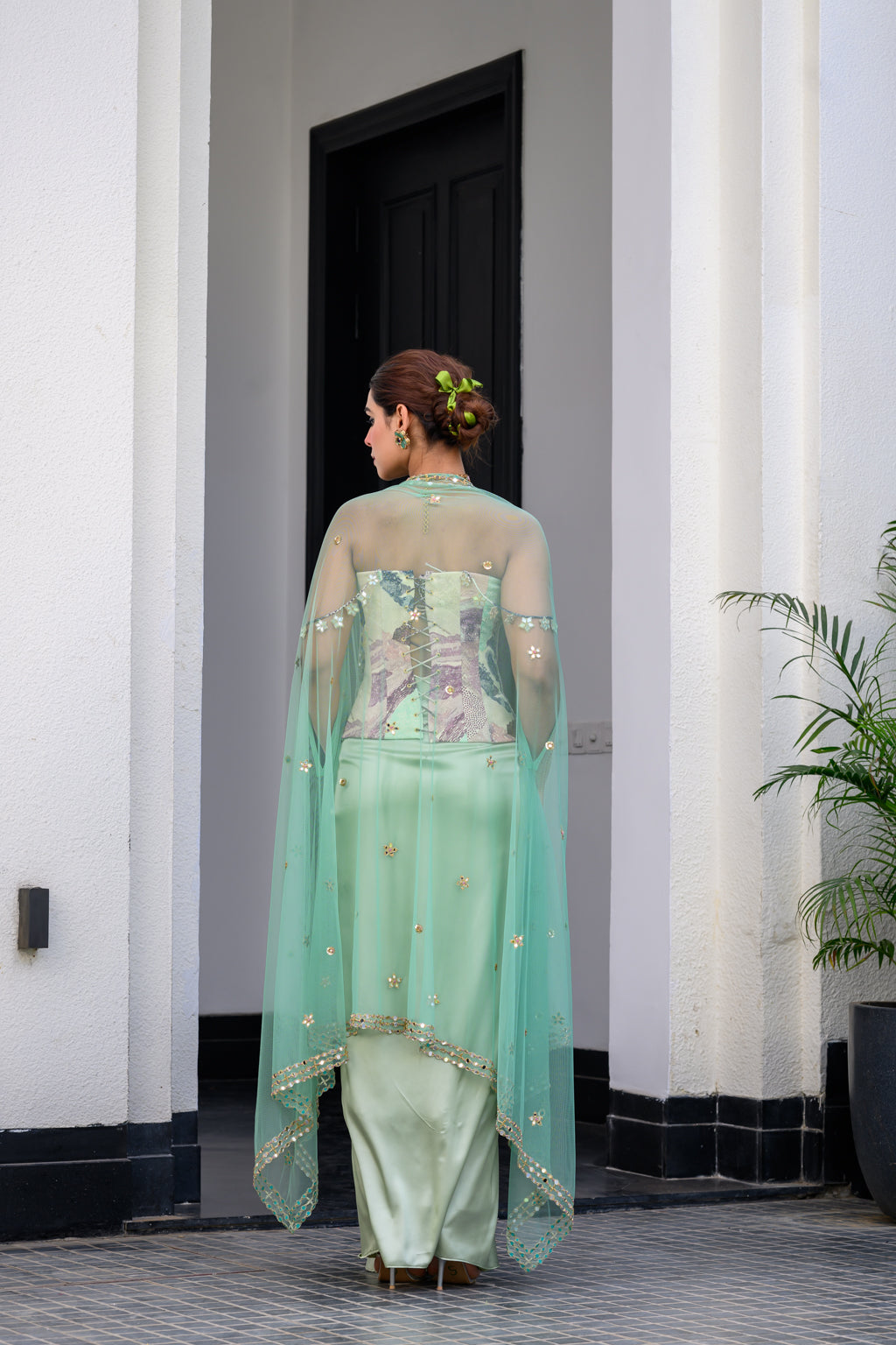 EDEN TEXTURED CORSET WITH MIRROR WORK PAIRED WITH DHOTI SKIRT AND CAPE SET