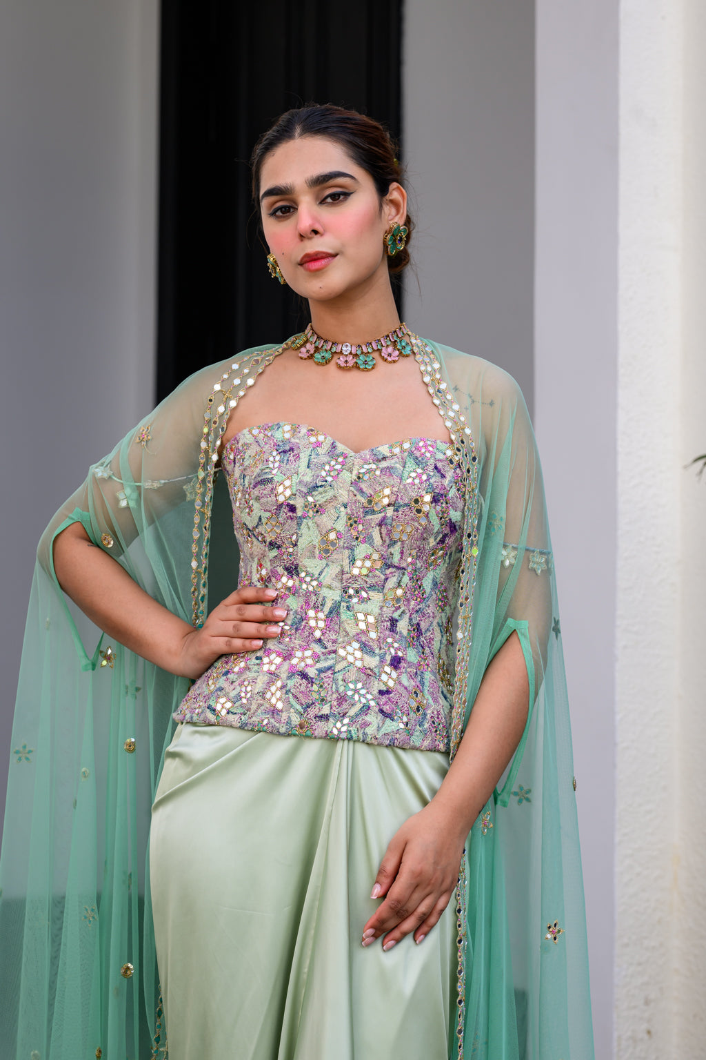 EDEN TEXTURED CORSET WITH MIRROR WORK PAIRED WITH DHOTI SKIRT AND CAPE SET