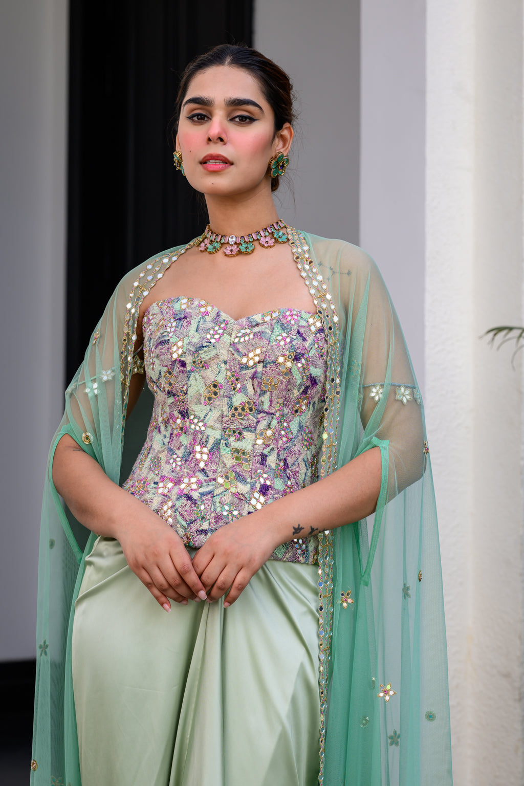 EDEN TEXTURED CORSET WITH MIRROR WORK PAIRED WITH DHOTI SKIRT AND CAPE SET