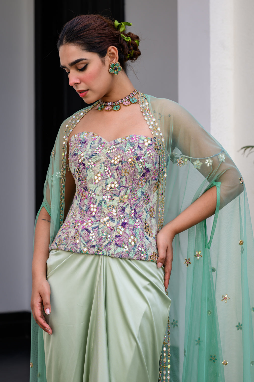 EDEN TEXTURED CORSET WITH MIRROR WORK PAIRED WITH DHOTI SKIRT AND CAPE SET