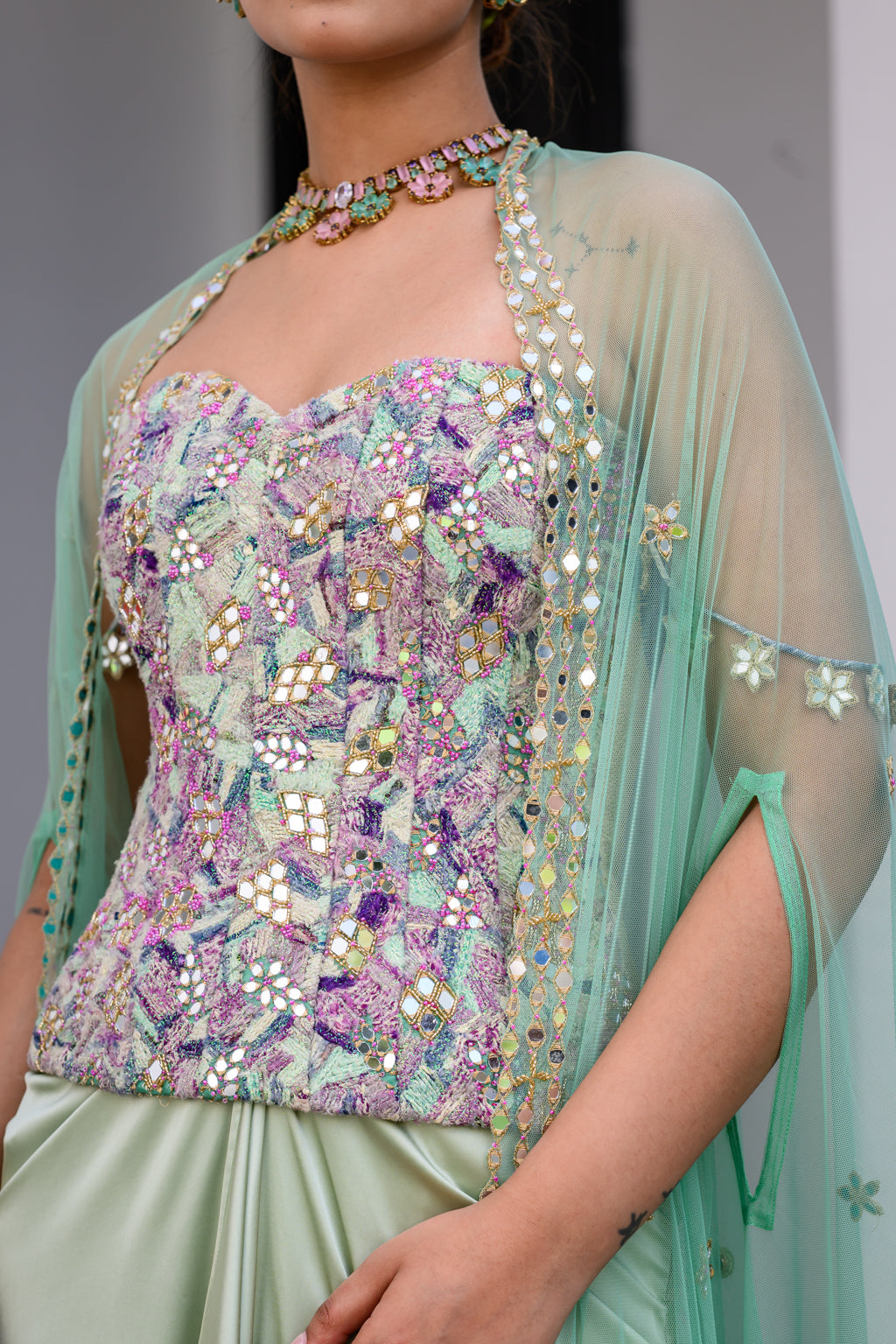EDEN TEXTURED CORSET WITH MIRROR WORK PAIRED WITH DHOTI SKIRT AND CAPE SET