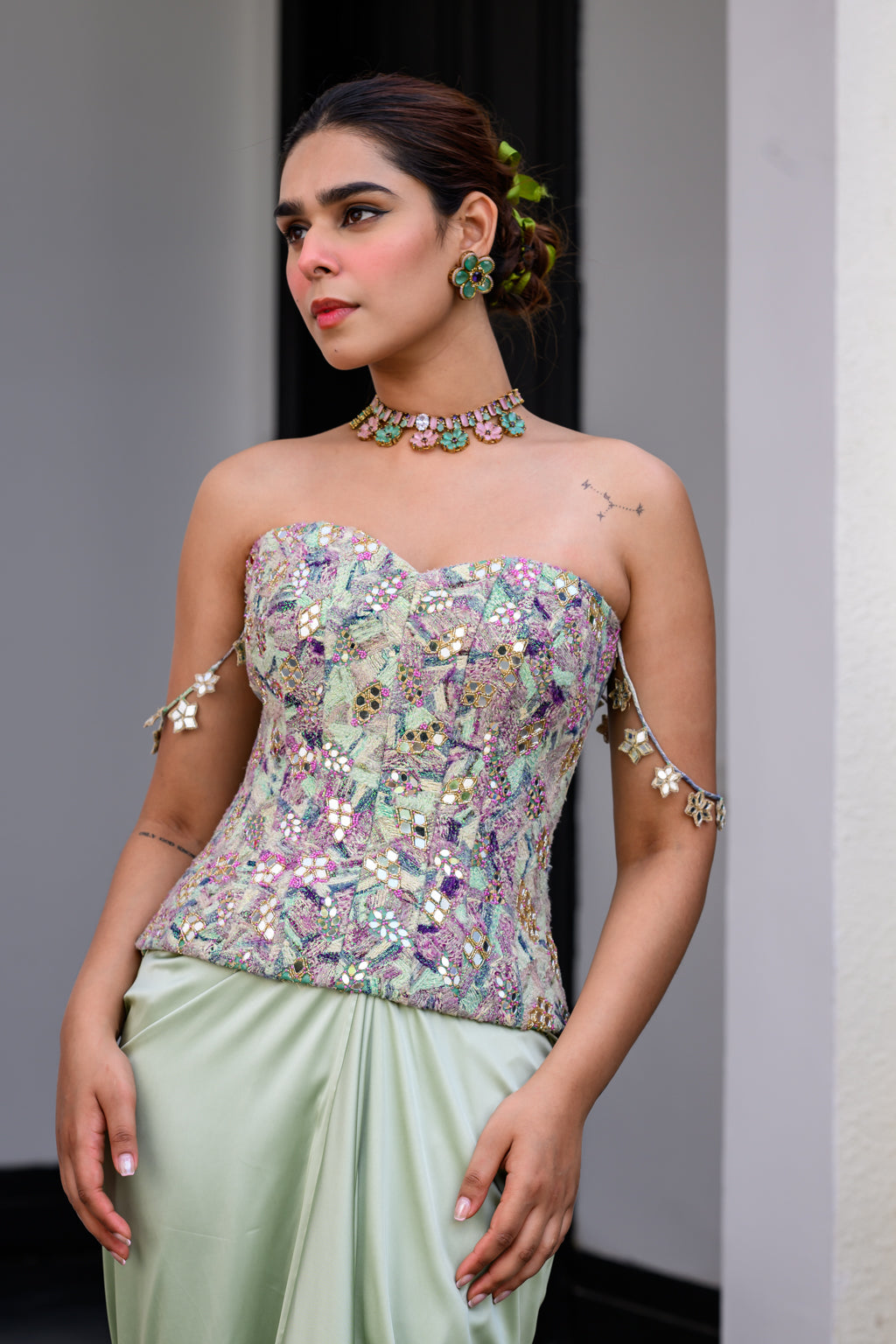 EDEN TEXTURED CORSET WITH MIRROR WORK PAIRED WITH DHOTI SKIRT