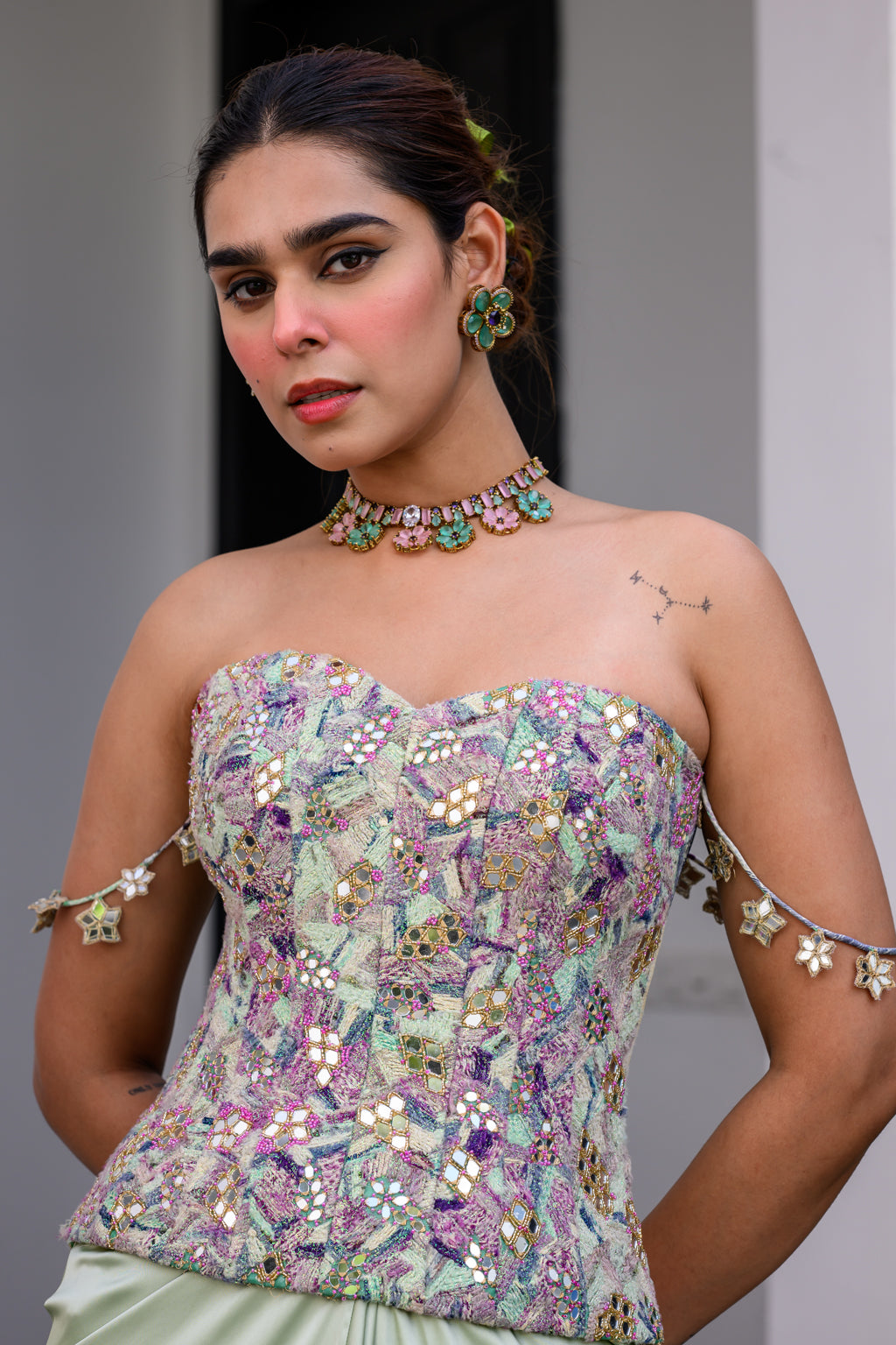 EDEN TEXTURED CORSET WITH MIRROR WORK PAIRED WITH DHOTI SKIRT