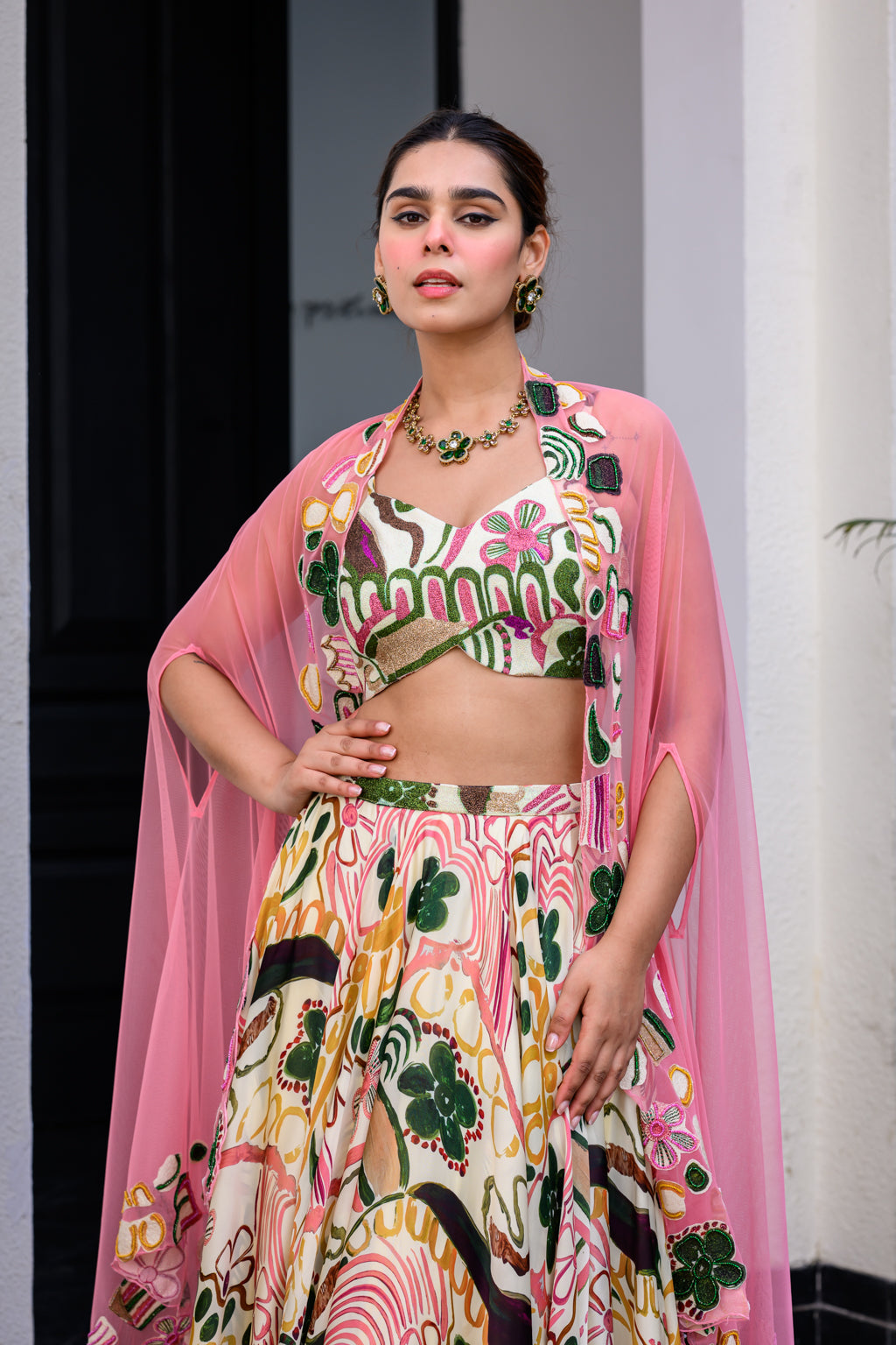 FLORA METALLIC HIGHLIGHT LEHENGA PAIRED WITH METALLIC HIGHLIGHT BLOUSE AND APPLIQUE DUPATTA