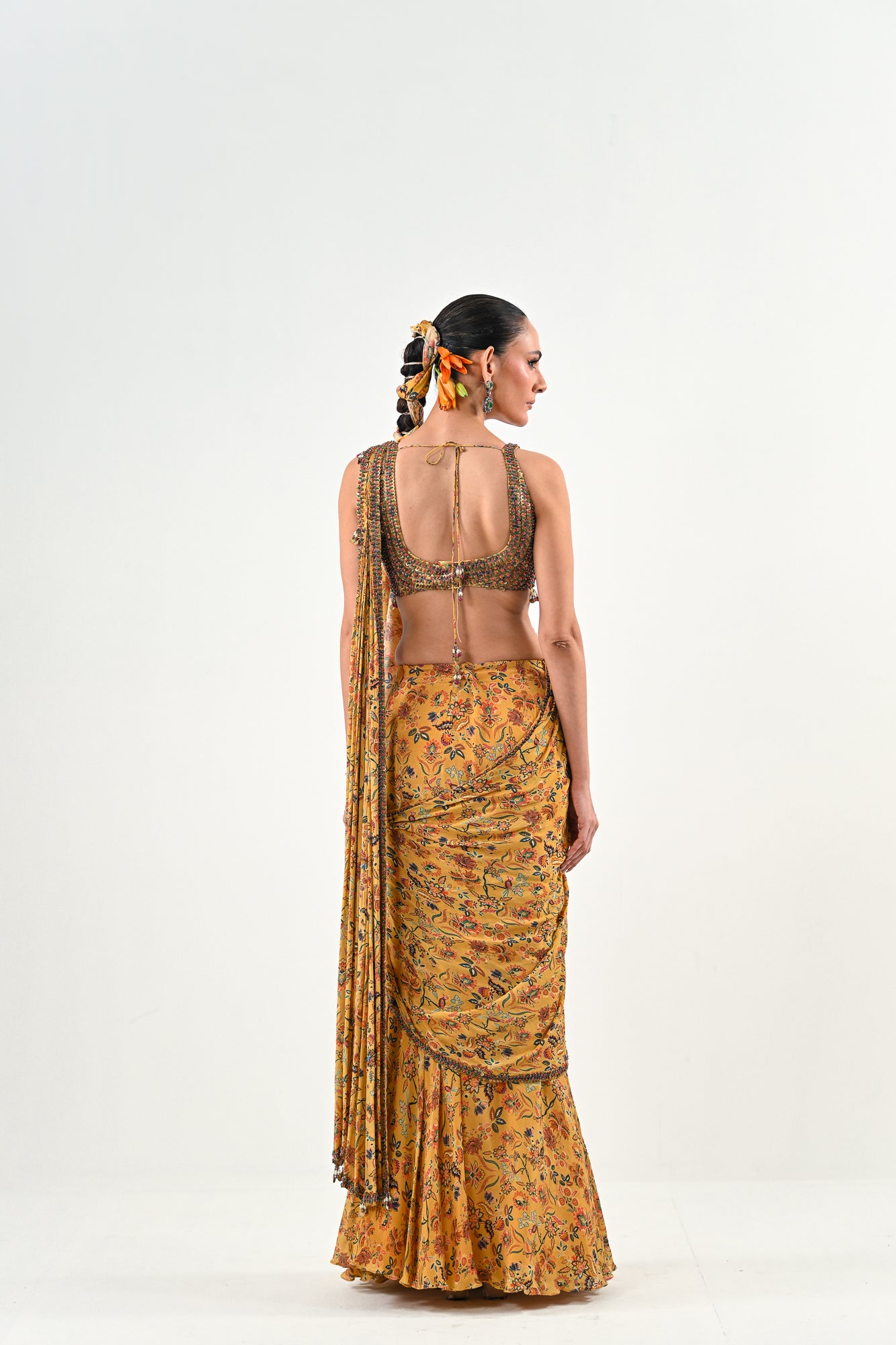 M PRE STITCHED SAREE PAIRED WITH EMBROIDERED BLOUSE