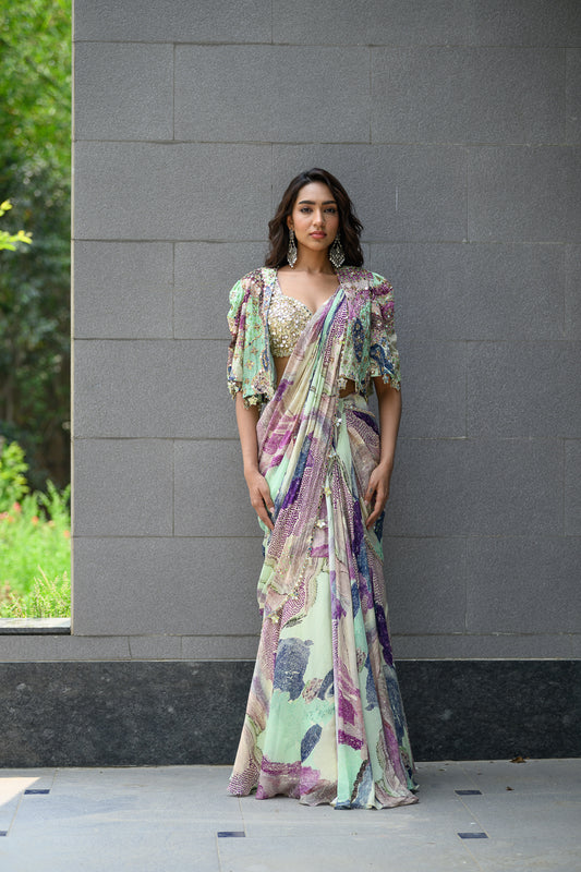 EDEN H SAREE PAIRED WITH HAND EMB BLOUSE WITH CAPE JACKET