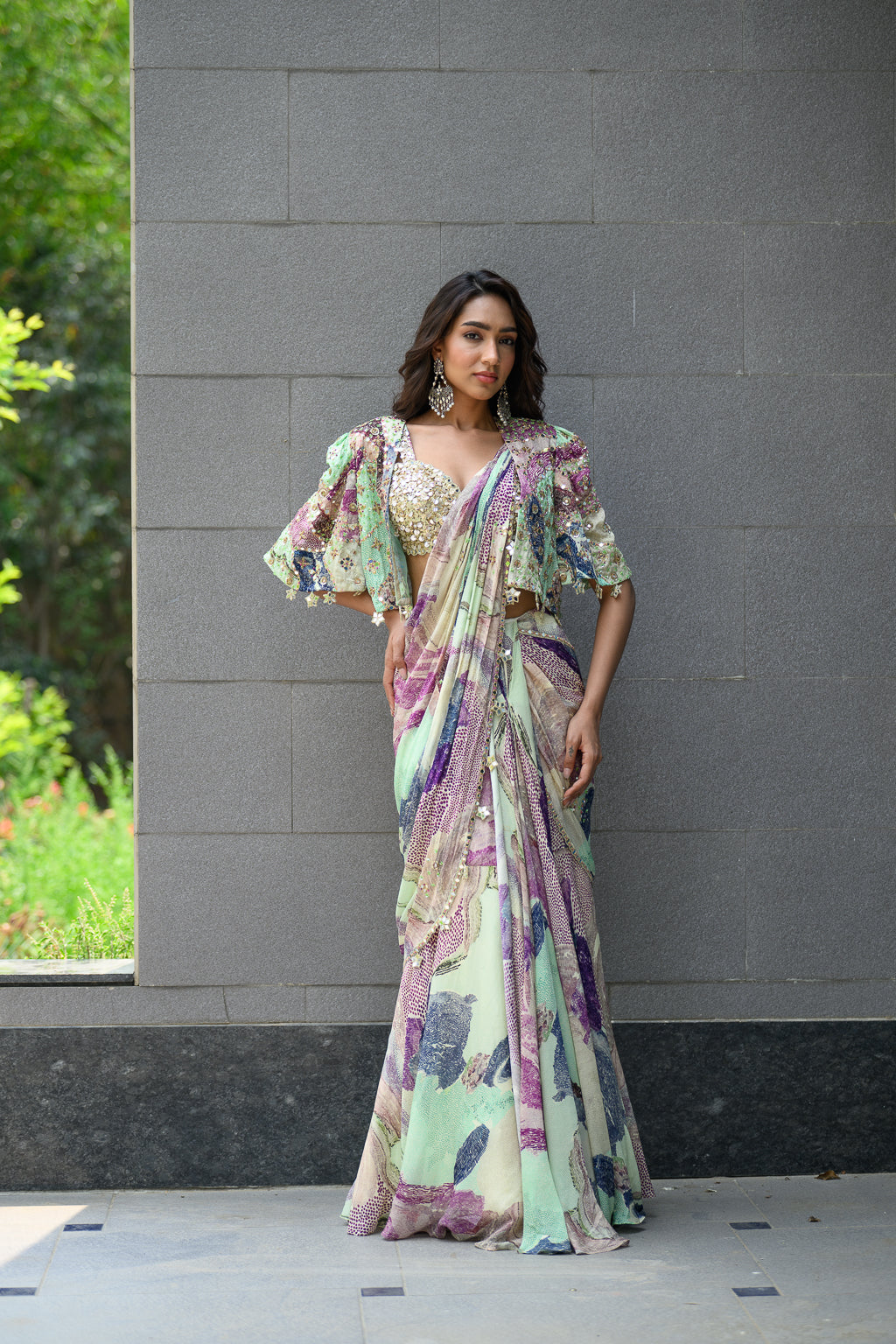 EDEN H SAREE PAIRED WITH HAND EMB BLOUSE WITH CAPE JACKET