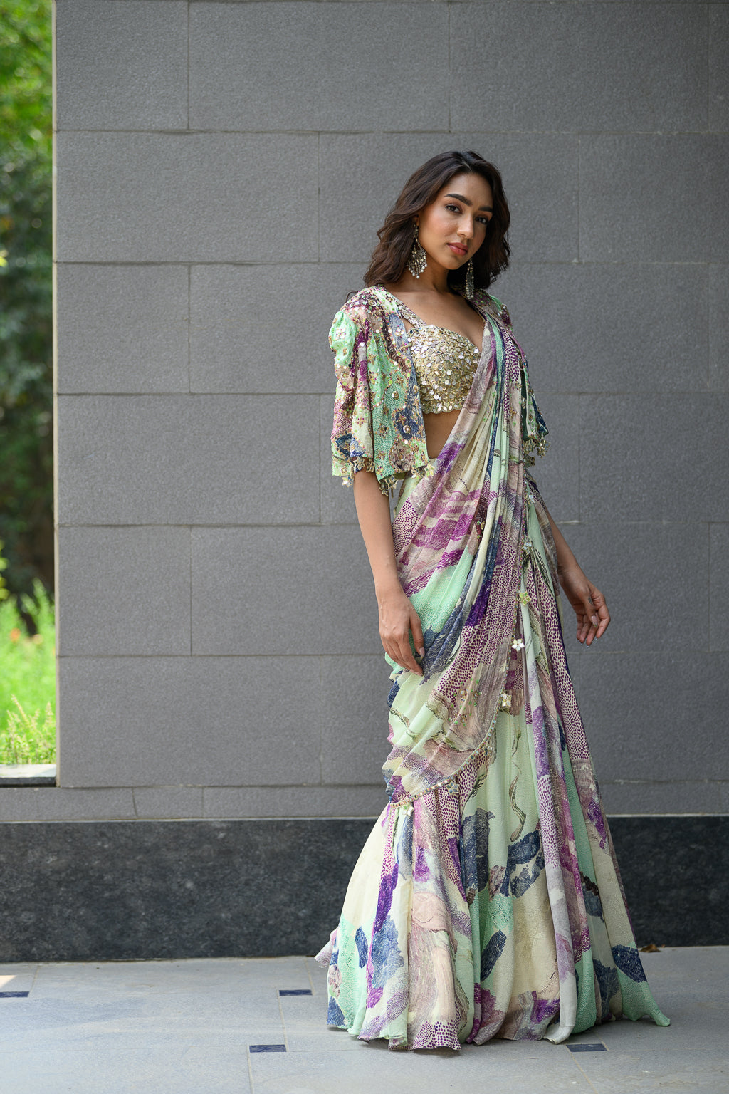 EDEN H SAREE PAIRED WITH HAND EMB BLOUSE WITH CAPE JACKET