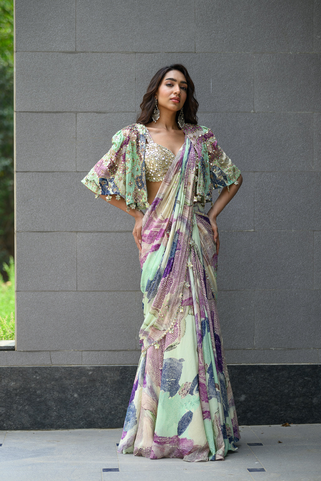 EDEN H SAREE PAIRED WITH HAND EMB BLOUSE WITH CAPE JACKET