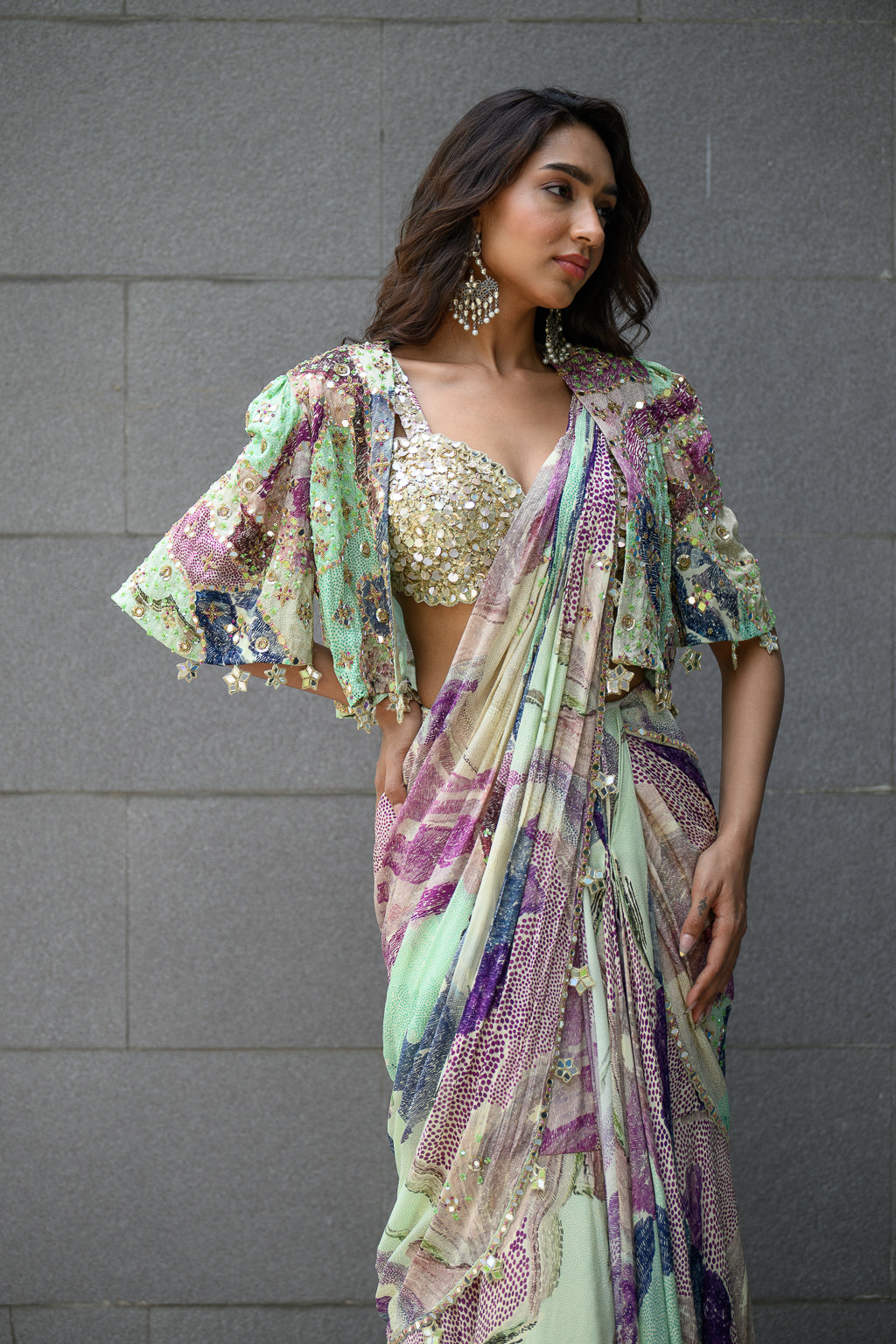 EDEN H SAREE PAIRED WITH HAND EMB BLOUSE WITH CAPE JACKET