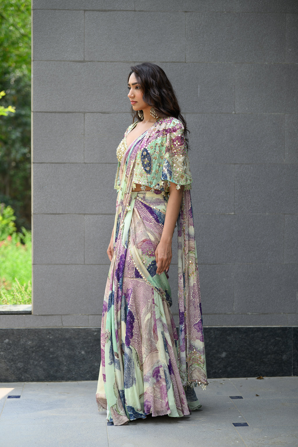 EDEN H SAREE PAIRED WITH HAND EMB BLOUSE WITH CAPE JACKET