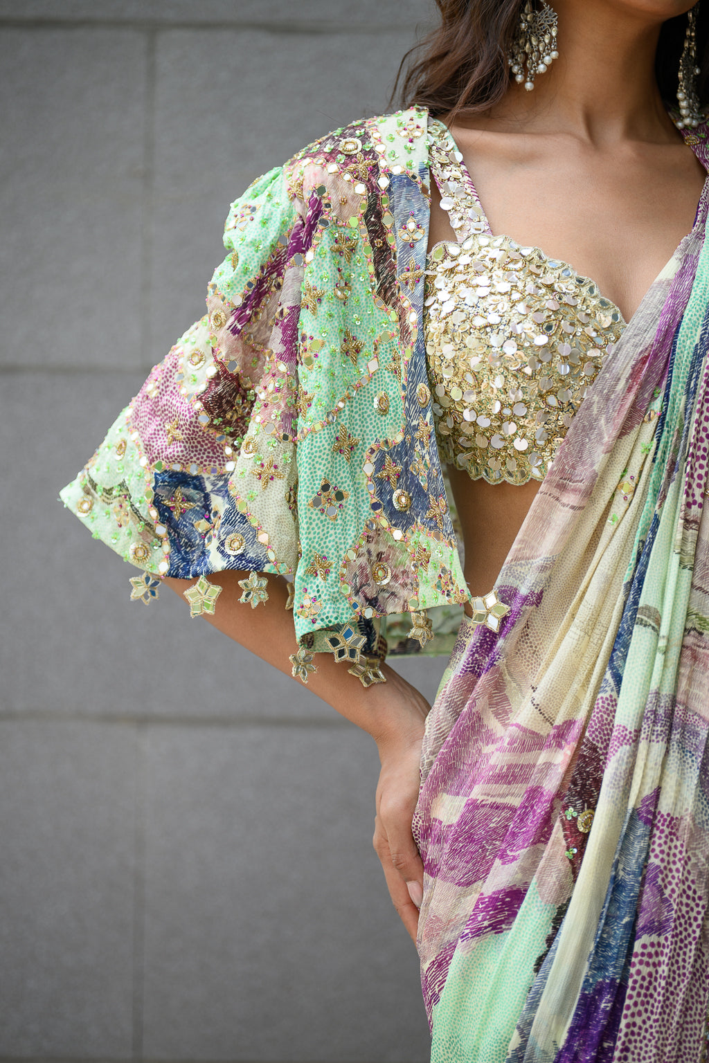 EDEN H SAREE PAIRED WITH HAND EMB BLOUSE WITH CAPE JACKET