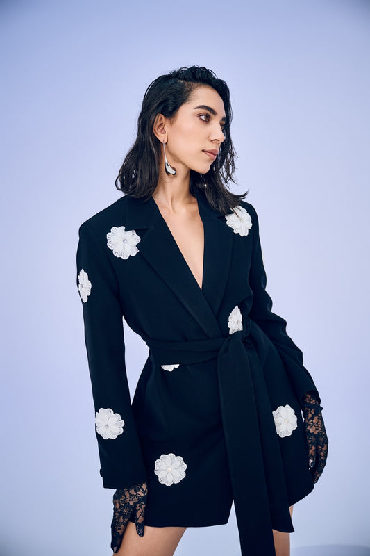 Black Blazer with White 3d Flower Set