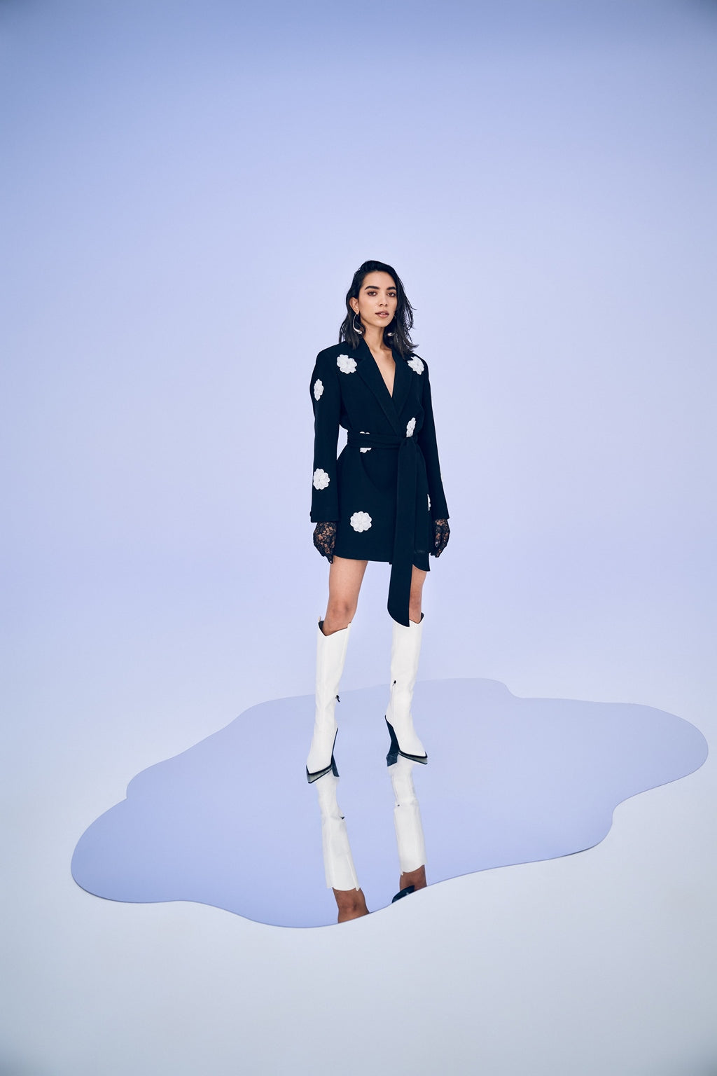 Black Blazer with White 3d Flower Set