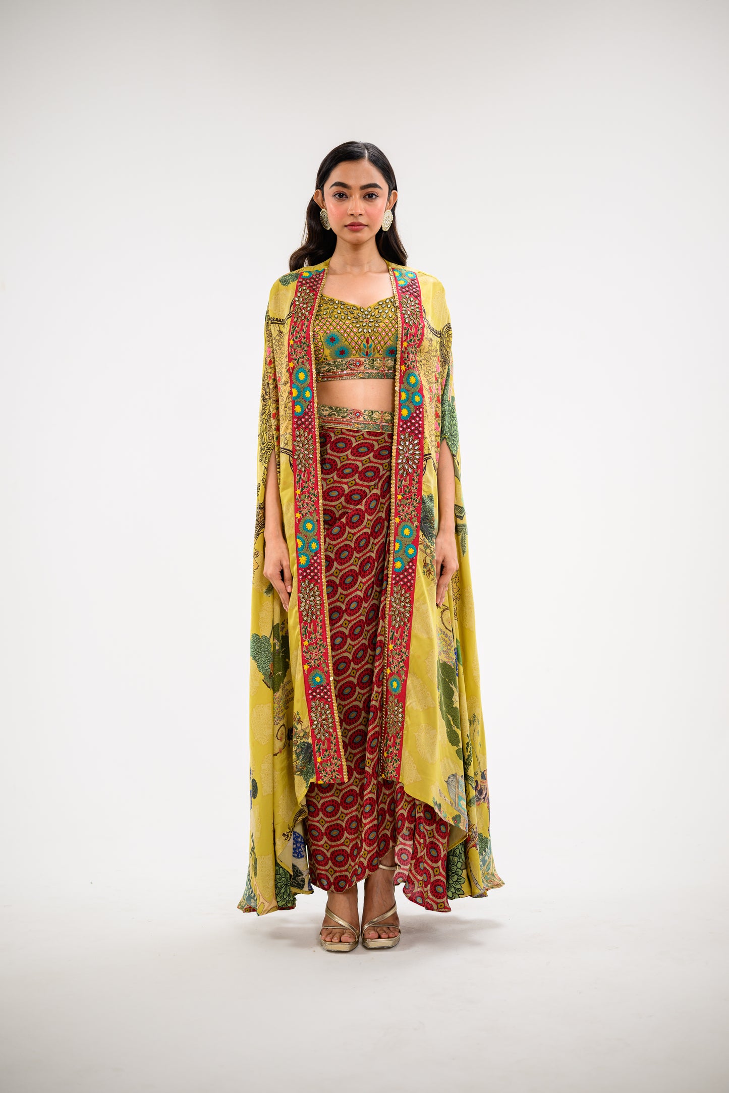 mustard embroidered dhoti cape set
