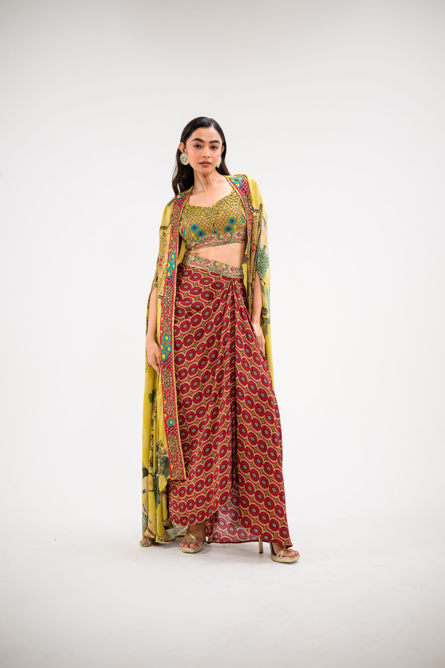 mustard embroidered dhoti cape set