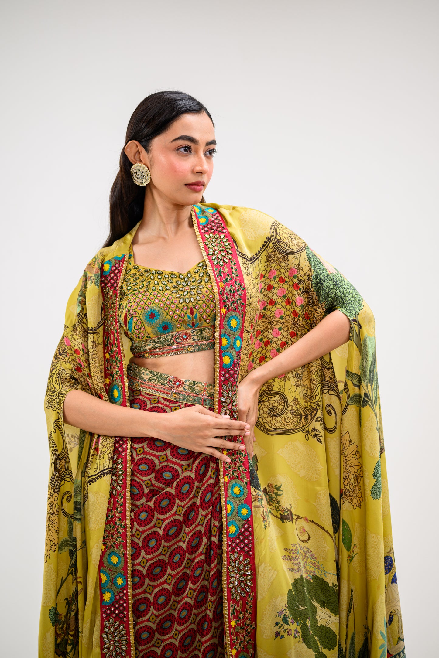 mustard embroidered dhoti cape set