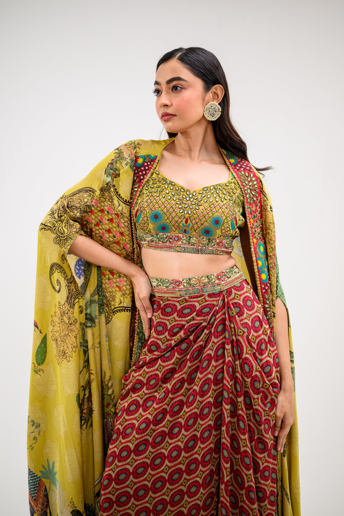mustard embroidered dhoti cape set