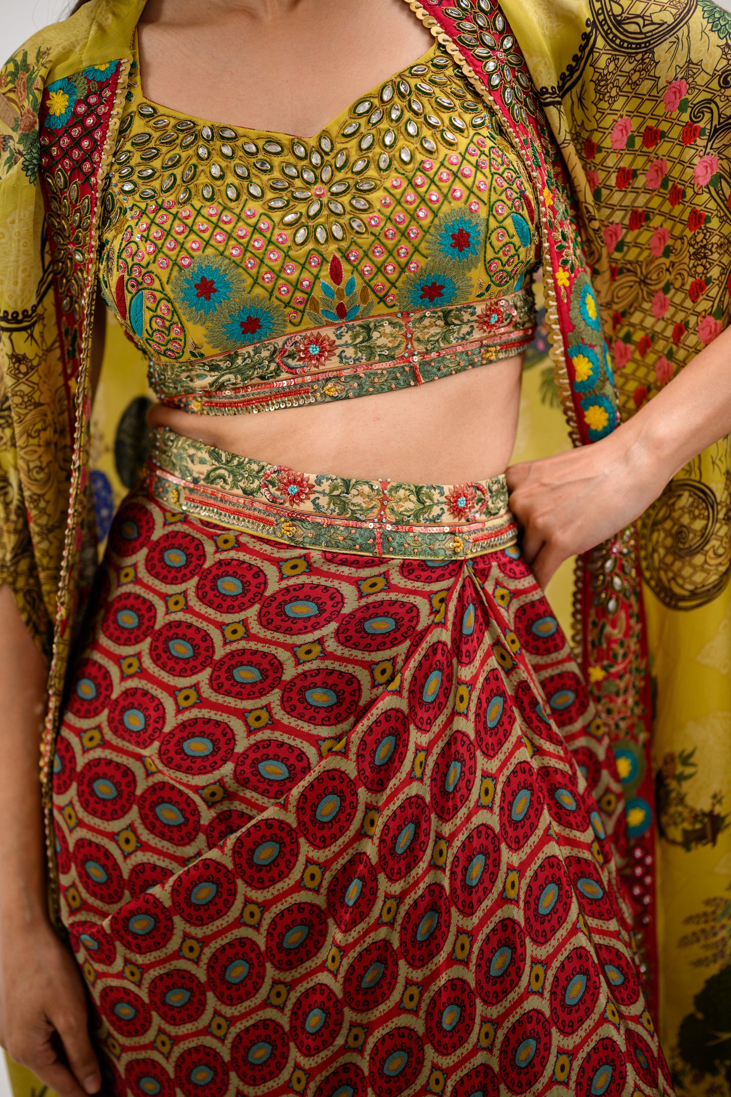 mustard embroidered dhoti cape set