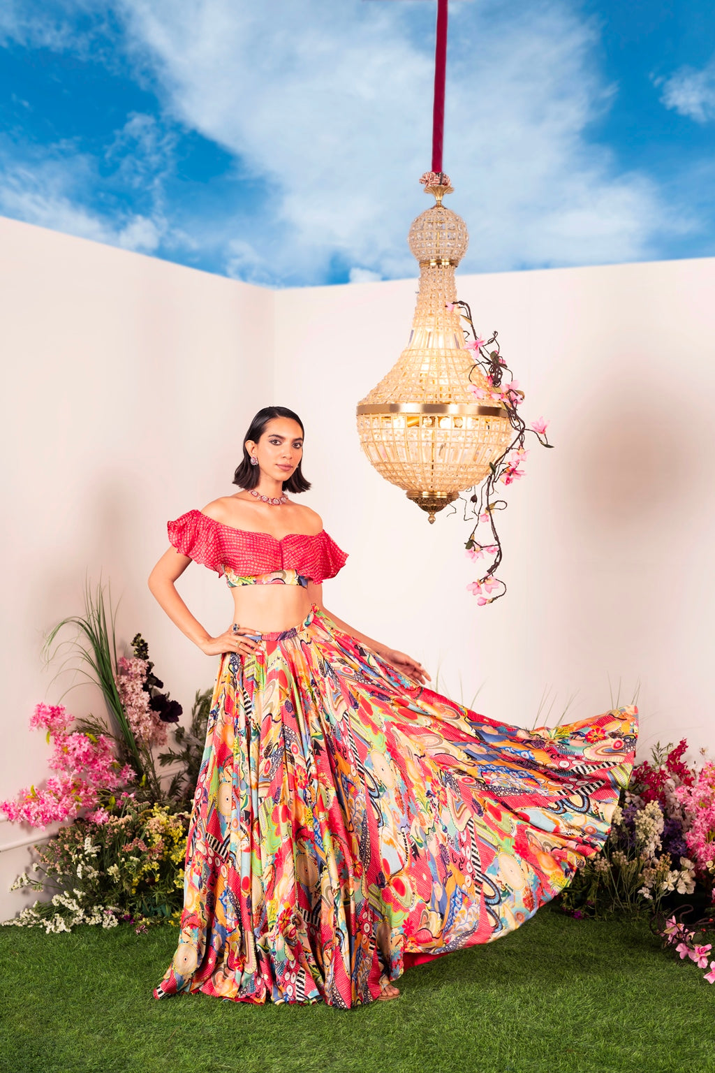 Our Frenzy Lehenga Paired with Ruffle Coral Blouse