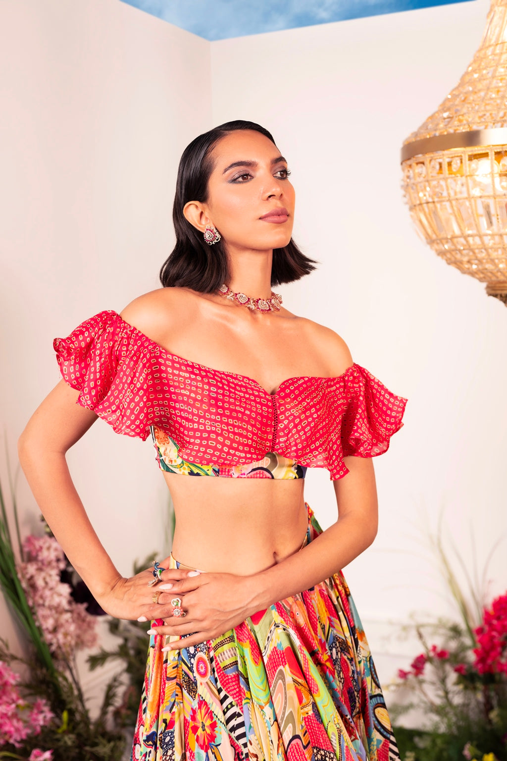Our Frenzy Lehenga Paired with Ruffle Coral Blouse