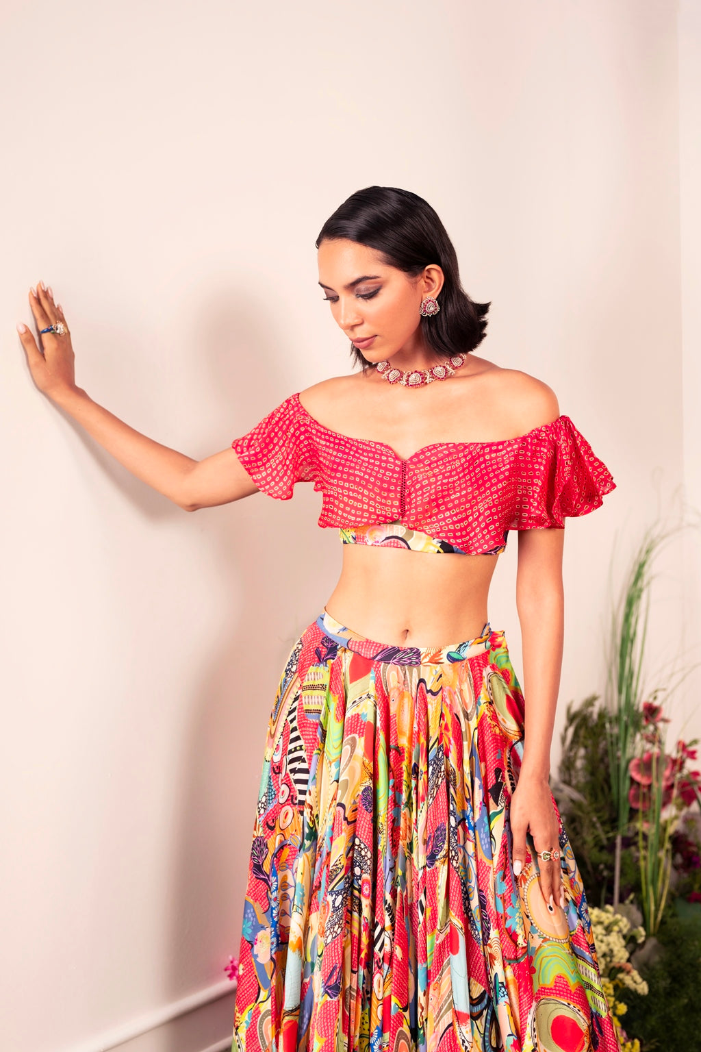 Our Frenzy Lehenga Paired with Ruffle Coral Blouse
