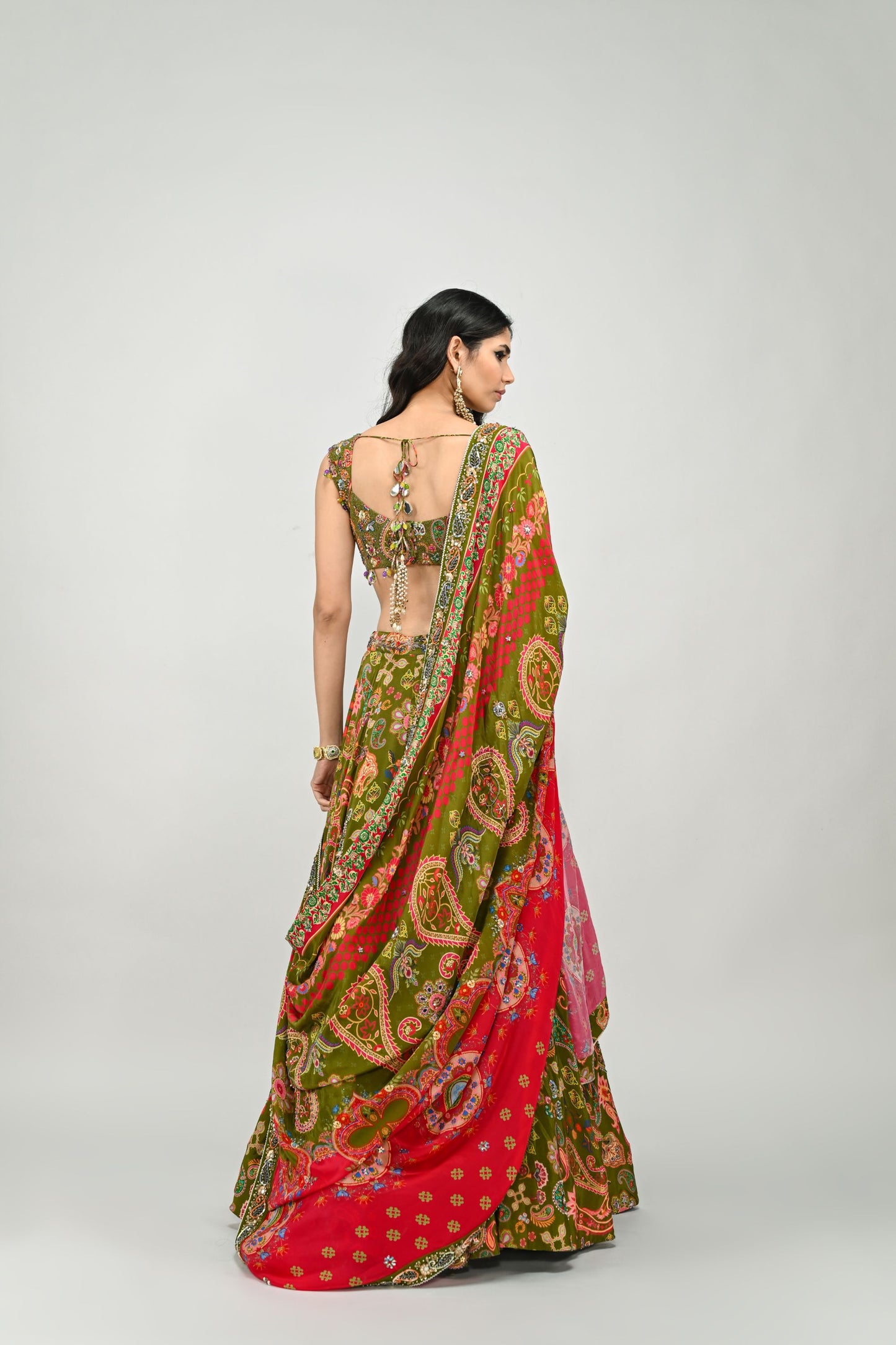 OLIVE HIGHLIGHTED LEHENGA PAIRED WITH BADLA EMBROIDERED OLIVE BLOUSE AND DUAL PRINT HIGHLIGHTED DUPATTA
