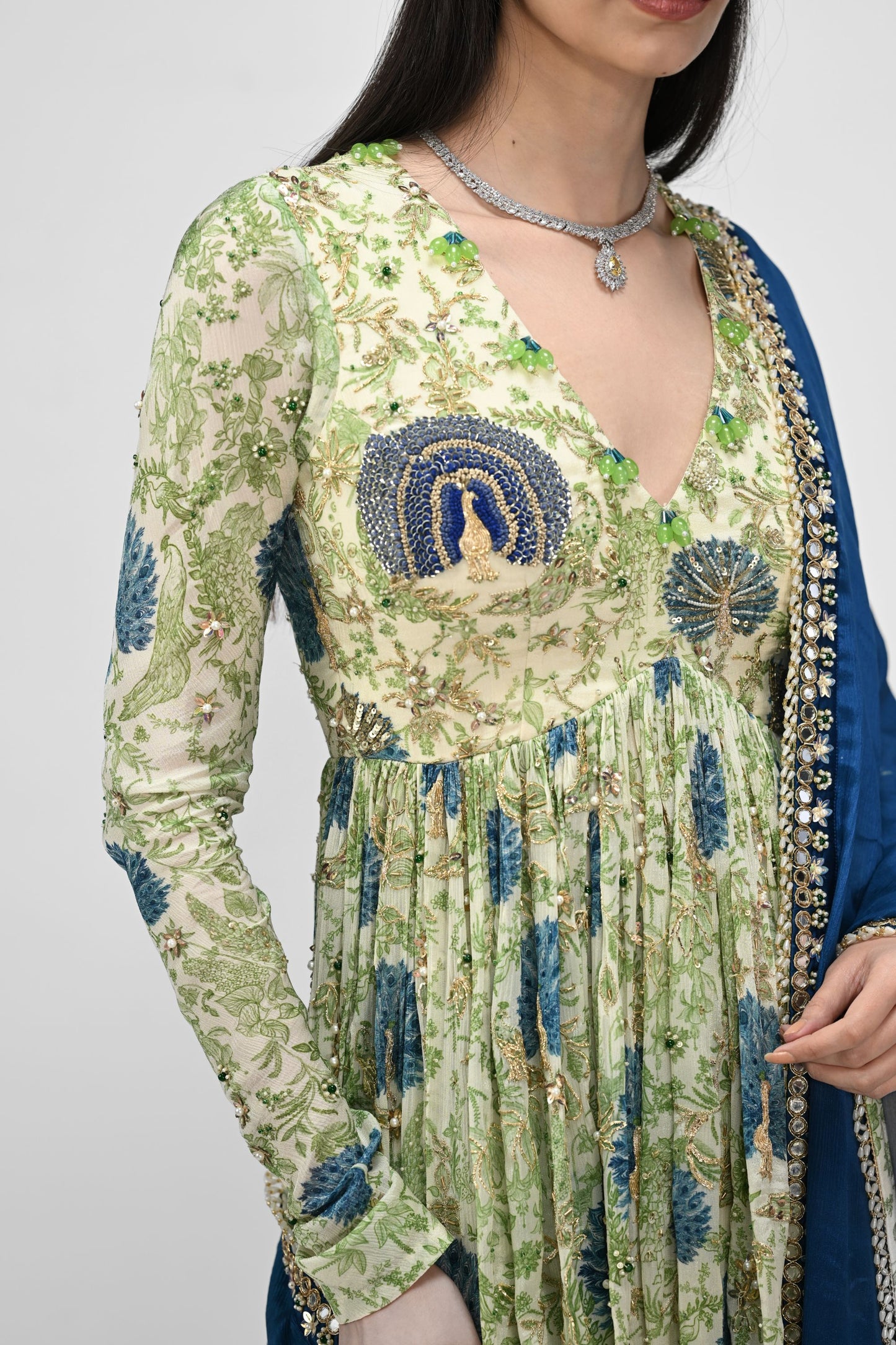 Peacock Highlited Peplum Kurta Paired With Peacock Sharara Pants With Embroidered Dupat