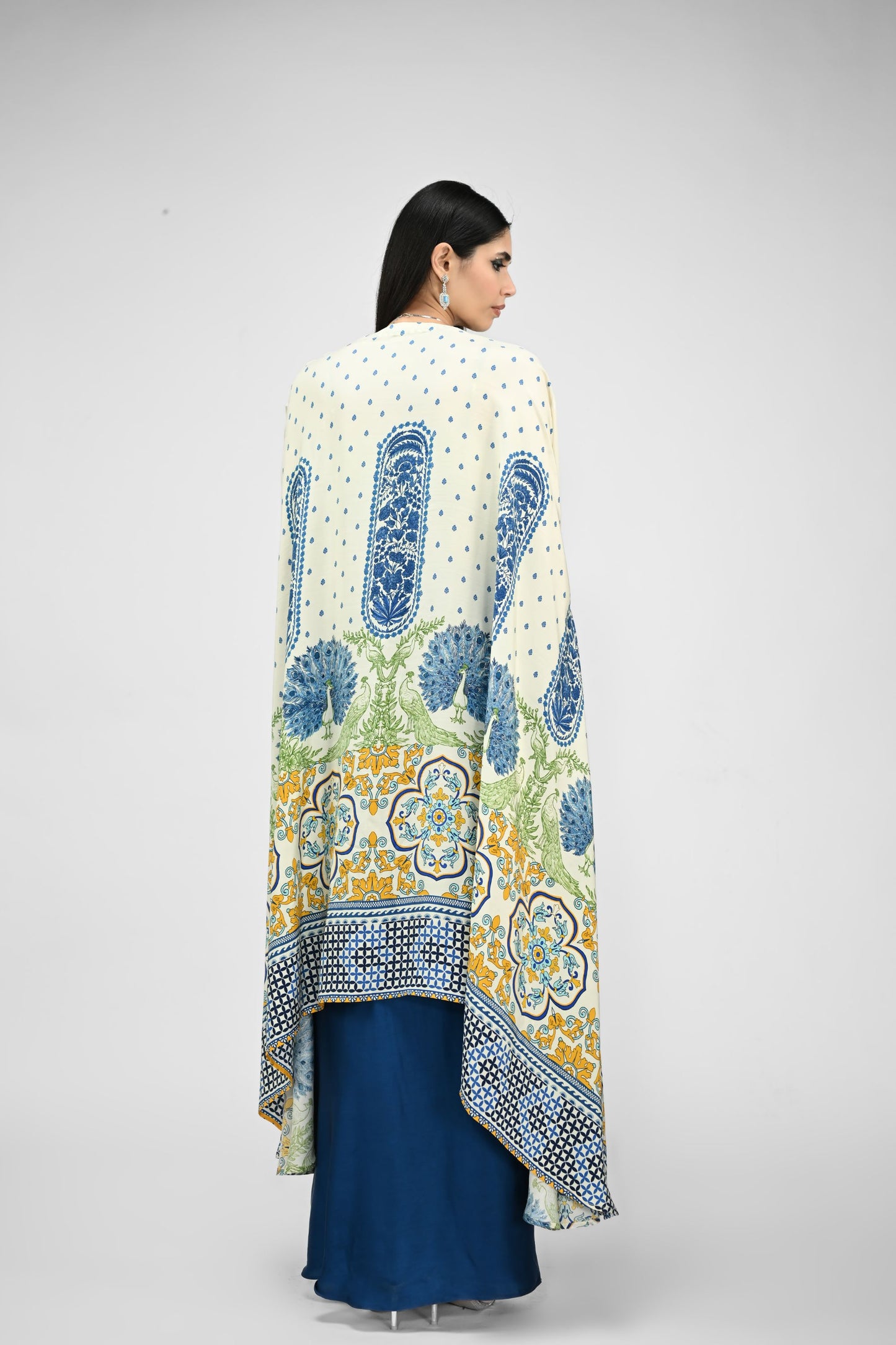 Peacock Printed Highlight Bralette Paired With Dhoti Set And Printed Cape