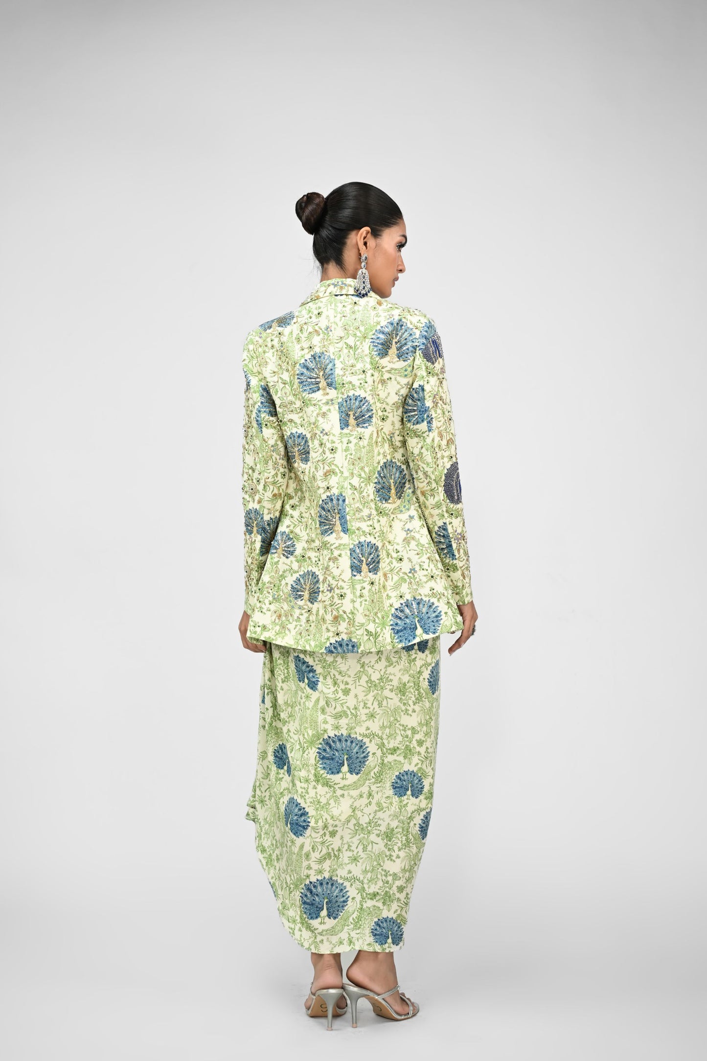 Peacock Bralette , Cowl Skirt Paired With Highlight Peacock Blazer Set