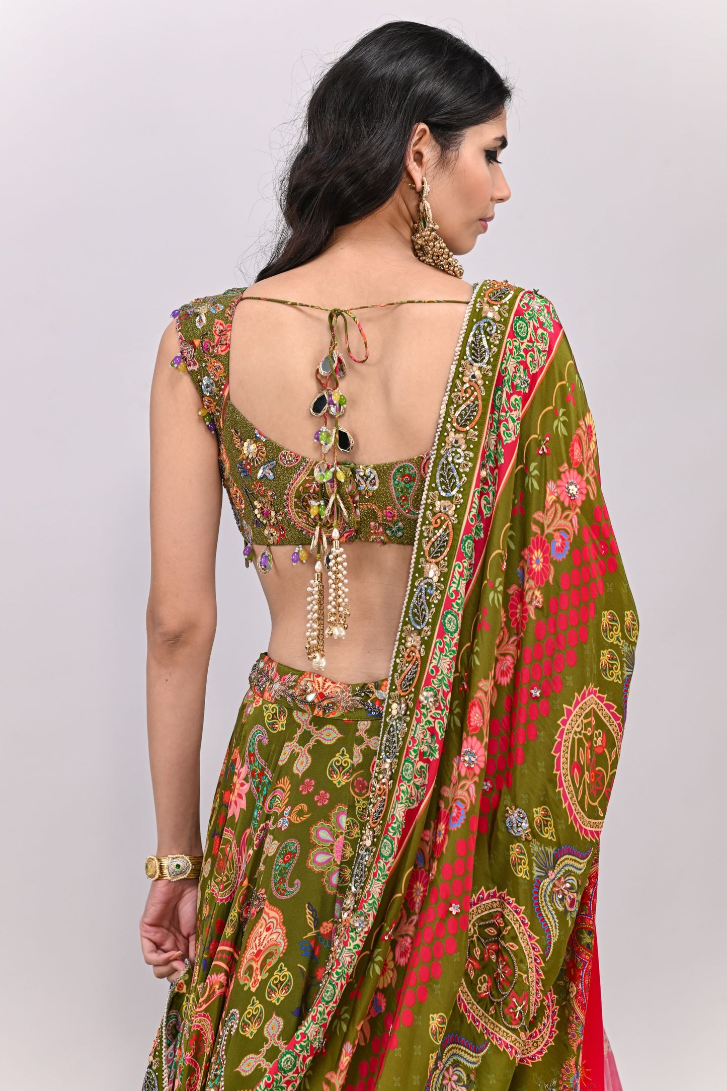 OLIVE HIGHLIGHTED LEHENGA PAIRED WITH BADLA EMBROIDERED OLIVE BLOUSE AND DUAL PRINT HIGHLIGHTED DUPATTA