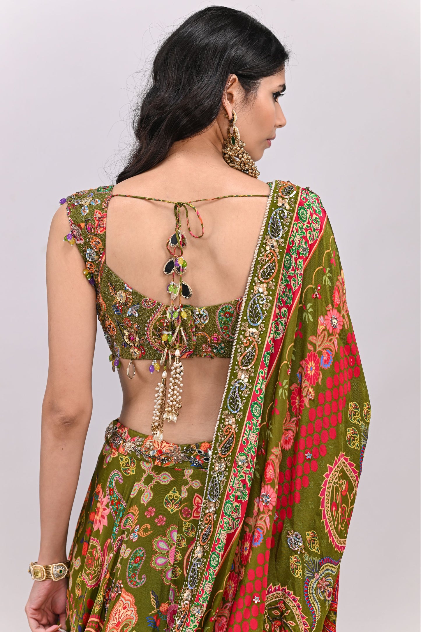 OLIVE HIGHLIGHTED LEHENGA PAIRED WITH BADLA EMBROIDERED OLIVE BLOUSE AND DUAL PRINT HIGHLIGHTED DUPATTA